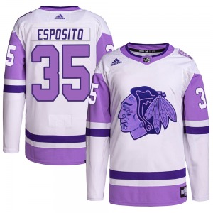 Tony Esposito Chicago Blackhawks Adidas Youth Authentic Hockey Fights Cancer Primegreen Jersey (White/Purple)