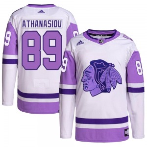 Andreas Athanasiou Chicago Blackhawks Adidas Authentic Hockey Fights Cancer Primegreen Jersey (White/Purple)
