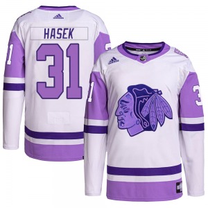 Dominik Hasek Chicago Blackhawks Adidas Authentic Hockey Fights Cancer Primegreen Jersey (White/Purple)