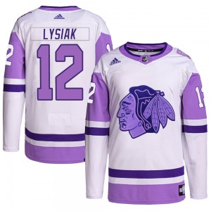 Tom Lysiak Chicago Blackhawks Adidas Authentic Hockey Fights Cancer Primegreen Jersey (White/Purple)