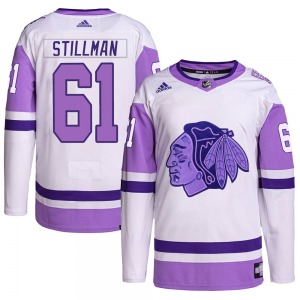 Riley Stillman Chicago Blackhawks Adidas Authentic Hockey Fights Cancer Primegreen Jersey (White/Purple)