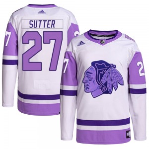 Darryl Sutter Chicago Blackhawks Adidas Authentic Hockey Fights Cancer Primegreen Jersey (White/Purple)