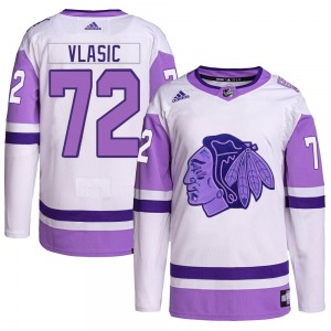 Alex Vlasic Chicago Blackhawks Adidas Authentic Hockey Fights Cancer Primegreen Jersey (White/Purple)