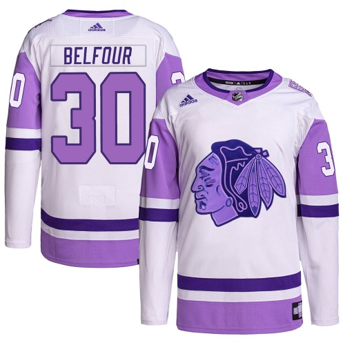 ED Belfour Chicago Blackhawks Adidas Youth Authentic Hockey Fights Cancer Primegreen Jersey (White/Purple)