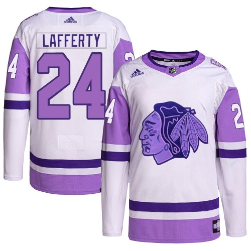 Sam Lafferty Chicago Blackhawks Adidas Youth Authentic Hockey Fights Cancer Primegreen Jersey (White/Purple)