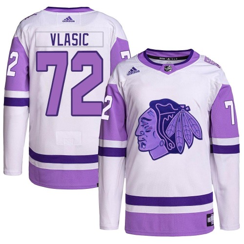 Alex Vlasic Chicago Blackhawks Adidas Youth Authentic Hockey Fights Cancer Primegreen Jersey (White/Purple)