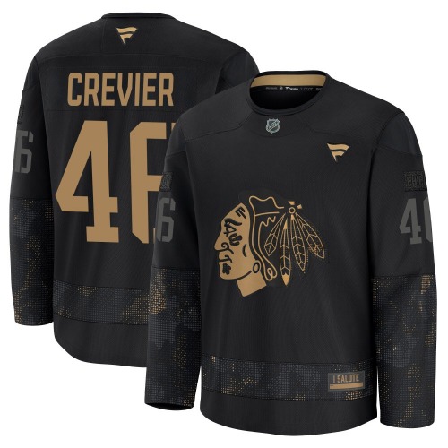 Louis Crevier Chicago Blackhawks Fanatics Youth Premium 2024 Military Appreciation Practice Jersey (Black)