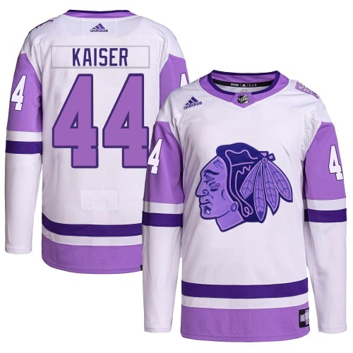 Wyatt Kaiser Chicago Blackhawks Adidas Authentic Hockey Fights Cancer Primegreen Jersey (White/Purple)