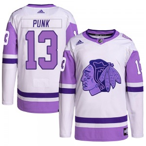 CM Punk Chicago Blackhawks Adidas Authentic Hockey Fights Cancer Primegreen Jersey (White/Purple)