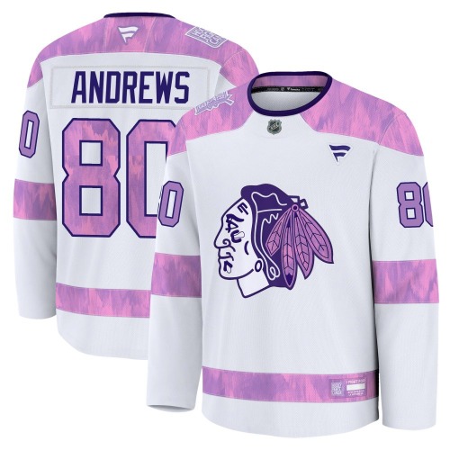 Zach Andrews Chicago Blackhawks Fanatics Youth Premium 2024 Hockey Fights Cancer Practice Jersey (White)