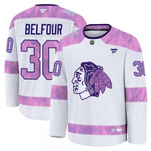 ED Belfour Chicago Blackhawks Fanatics Youth Premium 2024 Hockey Fights Cancer Practice Jersey (White)
