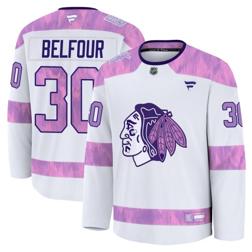 ED Belfour Chicago Blackhawks Fanatics Youth Premium 2024 Hockey Fights Cancer Practice Jersey (White)