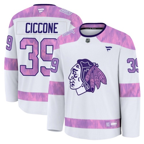 Enrico Ciccone Chicago Blackhawks Fanatics Youth Premium 2024 Hockey Fights Cancer Practice Jersey (White)