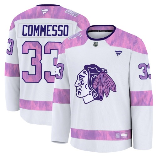 Drew Commesso Chicago Blackhawks Fanatics Youth Premium 2024 Hockey Fights Cancer Practice Jersey (White)