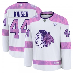 Wyatt Kaiser Chicago Blackhawks Fanatics Youth Premium 2024 Hockey Fights Cancer Practice Jersey (White)