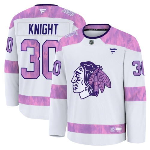 Spencer Knight Chicago Blackhawks Fanatics Youth Premium 2024 Hockey Fights Cancer Practice Jersey (White)
