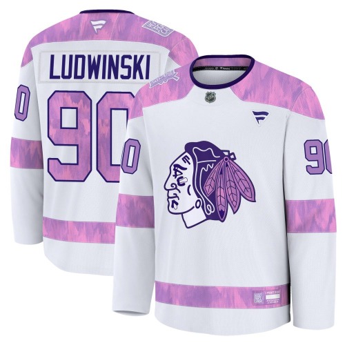 Paul Ludwinski Chicago Blackhawks Fanatics Youth Premium 2024 Hockey Fights Cancer Practice Jersey (White)