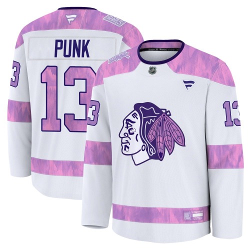 CM Punk Chicago Blackhawks Fanatics Youth Premium 2024 Hockey Fights Cancer Practice Jersey (White)