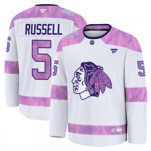 Phil Russell Chicago Blackhawks Fanatics Youth Premium 2024 Hockey Fights Cancer Practice Jersey (White)
