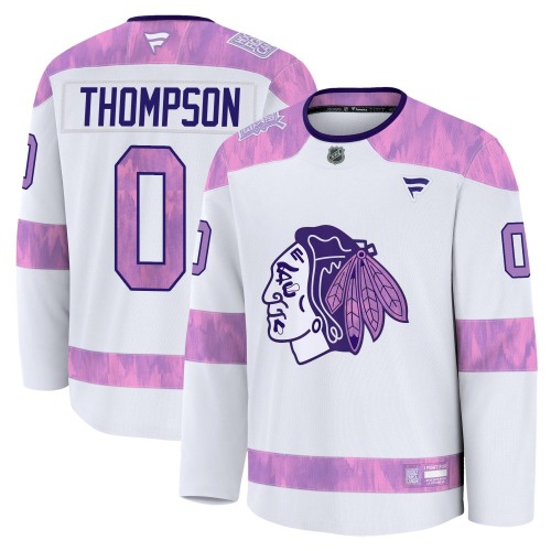 Aidan Thompson Chicago Blackhawks Fanatics Youth Premium 2024 Hockey Fights Cancer Practice Jersey (White)