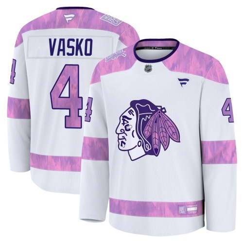 Elmer Vasko Chicago Blackhawks Fanatics Youth Premium 2024 Hockey Fights Cancer Practice Jersey (White)