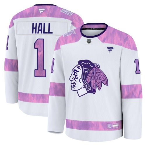 Glenn Hall Chicago Blackhawks Fanatics Premium 2024 Hockey Fights Cancer Practice Jersey (White)