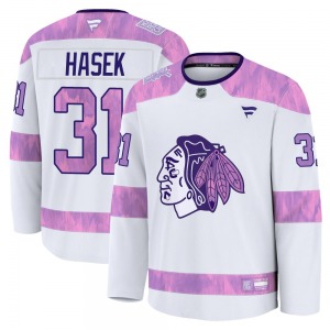 Dominik Hasek Chicago Blackhawks Fanatics Premium 2024 Hockey Fights Cancer Practice Jersey (White)