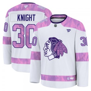 Spencer Knight Chicago Blackhawks Fanatics Premium 2024 Hockey Fights Cancer Practice Jersey (White)