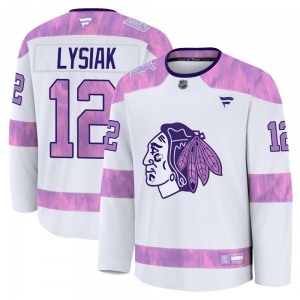 Tom Lysiak Chicago Blackhawks Fanatics Premium 2024 Hockey Fights Cancer Practice Jersey (White)