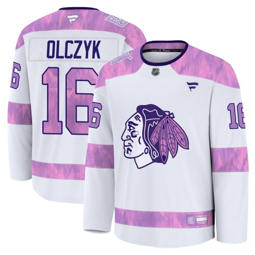 Ed Olczyk Chicago Blackhawks Fanatics Premium 2024 Hockey Fights Cancer Practice Jersey (White)