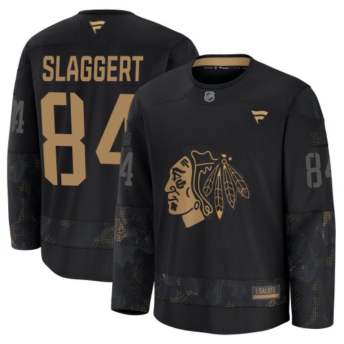 Landon Slaggert Chicago Blackhawks Fanatics Premium 2024 Military Appreciation Practice Jersey (Black)